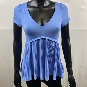 NEW Kaari Blue Top Egg Crystal Pleat Short Sleeve Stretch Jersey Top Size XS $70